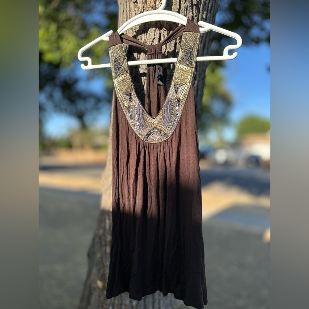 Vintage BCX Brown Backless Top with Embellished Neckline